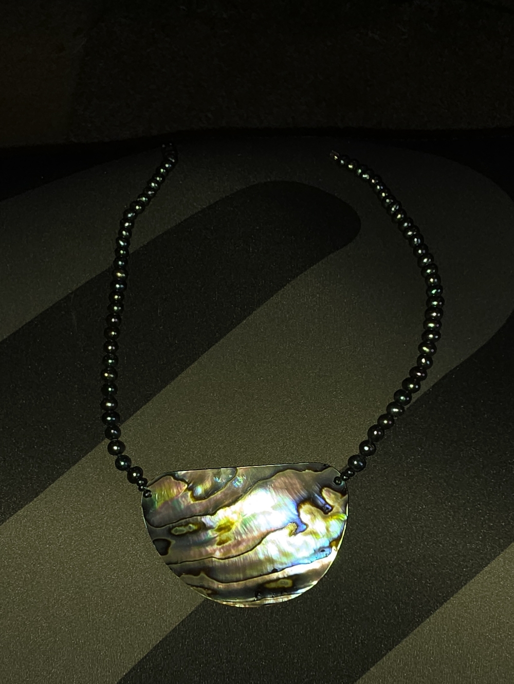 Iridescent Abalone Shell Pendant Necklace - Black Bead Strand